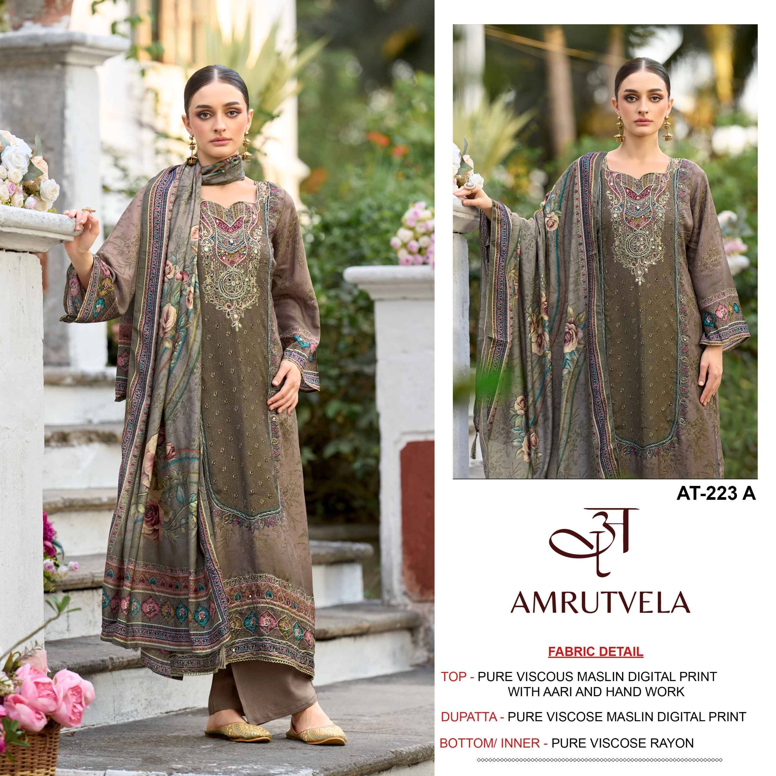 AT223 By AMRUTVELA Pakistani Stylish Beautiful Colourful Printed & Embroidered Party Wear & Occasional Wear Pure viscous Dresses At Wholesale Price